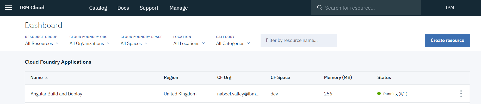 Our Application Resource on the Dashboard